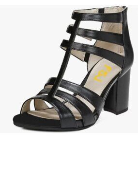 FSJ Black Chunky High Heel Sandals Open Toe T-Strap Cutout Back Zipper Shoes